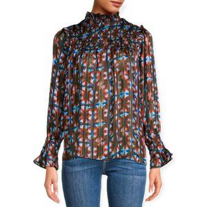 Saks Fifth Avenue Womens Size S Top Smocked Neckline Smocked Cuff Brown Geo Foil